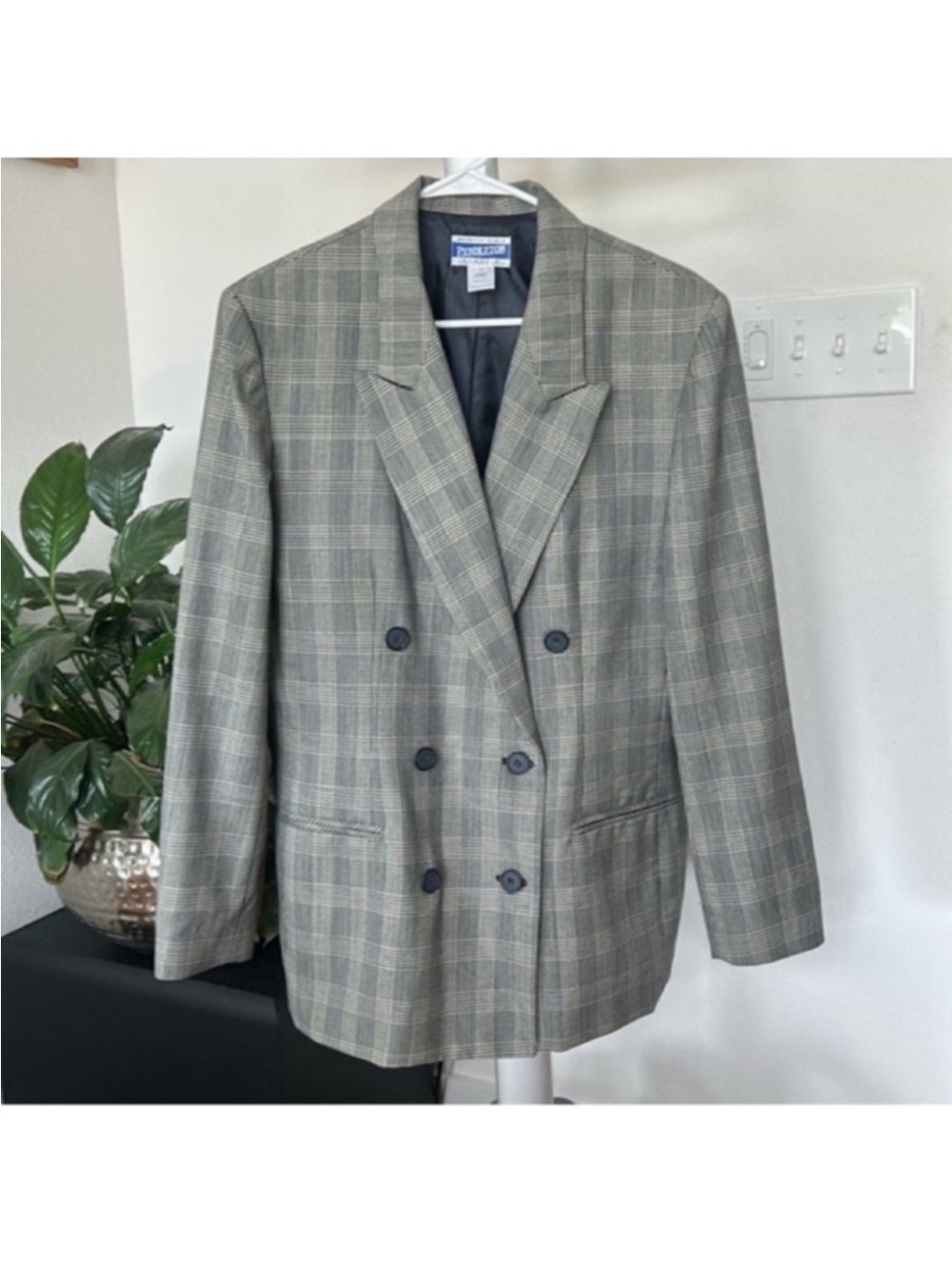 Pendleton Vintage Wool Double Breasted Plaid Blazer Jacket Sz 14 Navy Blue Ivory